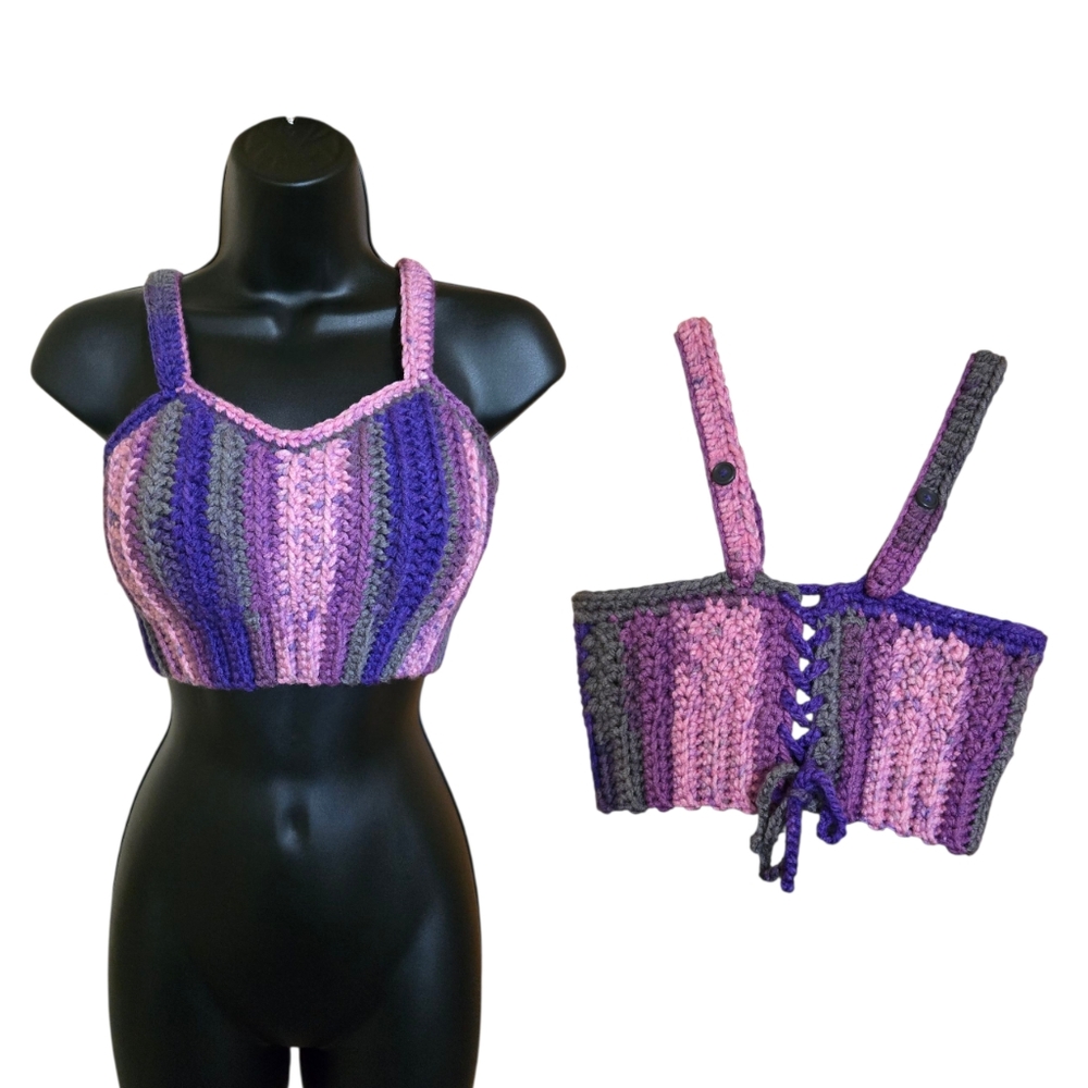 Multi Purple Crochet Bralette/Lace Headband Set, A Cup, Small, Snug Fit,